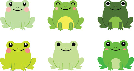 Naklejka premium Playful Cartoon Vector Illustrations of Cute Green Frogs with Different Expressions and Color Variations for Children’s Storybooks and Educational Designs