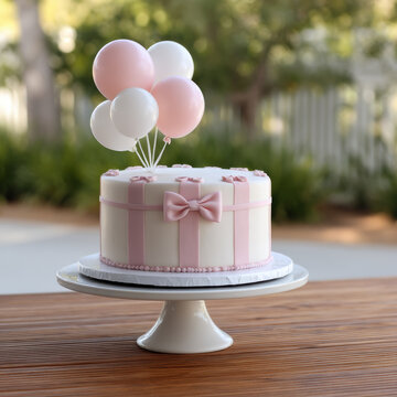 White pink cake with fondant bow and balloon decoration, elegant birthday dessert on cake stand outdoors, festive and joyful atmosphere