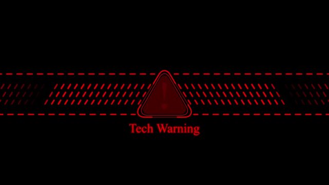 Red tech warning alert sign animation with digital glitch effects for cybersecurity and system error notifications