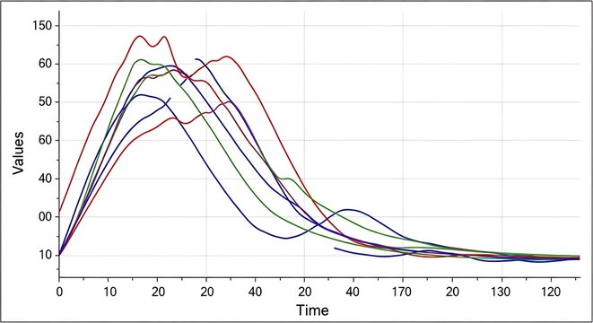 Complex graph of velocity over time with multiple overlapping curves