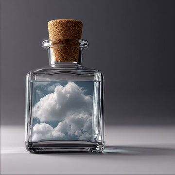 Glass bottle with cork stopper containing fluffy white cloud, surreal magical concept, clear container on gray background, dreamy atmosphere