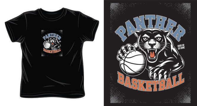 Panther basketball mascot vector illustration for sports apparel and t-shirt design print on black background.