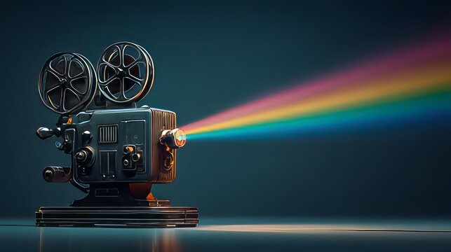 Vintage film projector emitting a vibrant rainbow spectrum beam of light against a dark background. 
Old film projector casting colorful rainbow light beam. 