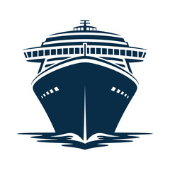 A stylized navy blue illustration of a large cruise ship facing forward on water © MDMINTU