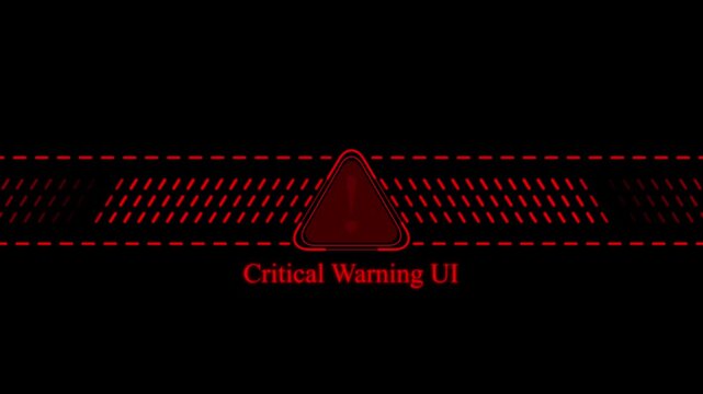 Critical system warning ui animation with pulsing red alert triangle and digital data stream overlay on black background