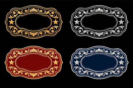 Set of four ornate classic old west style cowboy buckle medal typographic emblem label designs featuring intricate floral scrolls and stars in gold, silver, red, and blue on black background.