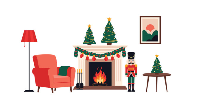 Cozy living room interior for Christmas with a warm fireplace decorated with stockings a nutcracker and holiday trees.