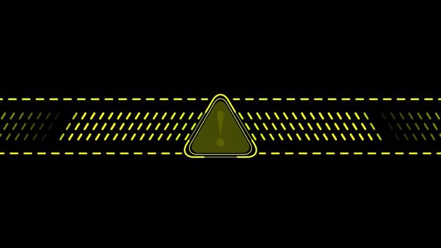 Digital warning sign with pulsing yellow exclamation triangle and animated data stream lines on black background