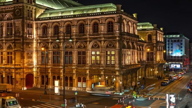 Vienna Austria State Opera time lapse at night. Holidays in Austria