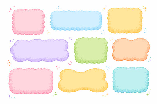 Set of Fluffy Square Frames and Wavy Textbox Shapes in Pastel Colors; Cute Hand-Drawn Cloud Borders for Messages, Quotes, and Highlights; Playful Graphic Elements with Sparkles for Creative Design.