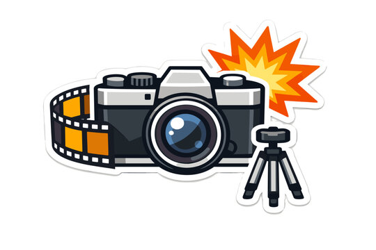 Sticker style vector illustration of a vintage analog film camera with a 35mm film strip, a portable tripod, and a bright orange flash burst, isolated on white for photography hobby and design.