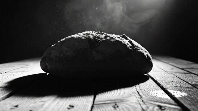 Black and white close up of a steaming loaf of bread sitting on an aged wooden table with a dramatic spotlight.