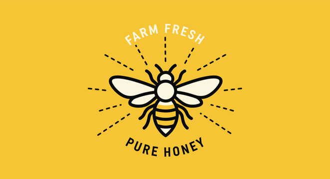 Farm fresh pure honey logo featuring a stylized bee icon with sunburst lines on a bright sunny yellow background.
