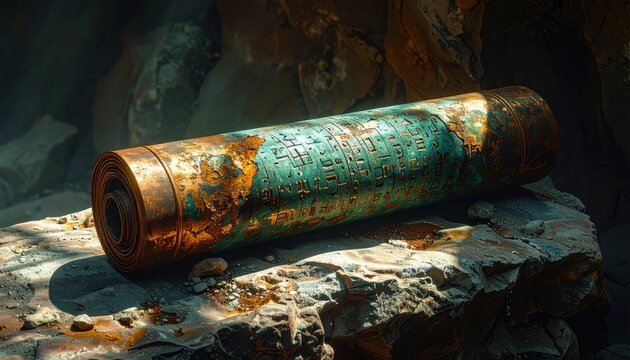 A heavily corroded copper scroll fragment from Qumran revealing faint ancient Hebrew text on its oxidized surface.