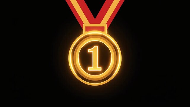 Animated Glowing Gold First Place Medal with Number One and Red Ribbon on Black Background