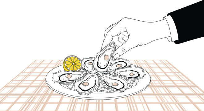 Hand reaching to pick up a fresh oyster from a white plate served with a lemon slice on a checkered tablecloth.