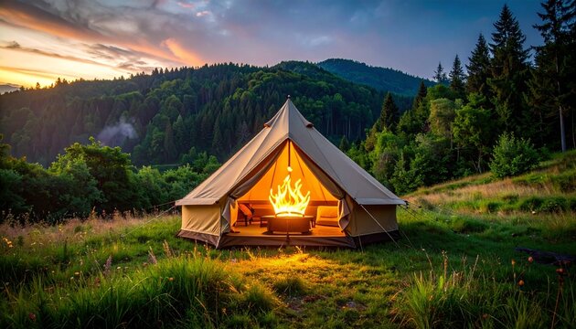 Cozy glamping tent with warm firelight in misty mountain forest at dusk