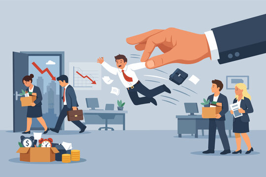 Workforce staff turnover and replacement with new labor. Boss hand throwing employee out of office during bankruptcy and economic crisis. Layoff, job loss, and corporate downsizing illustration.
