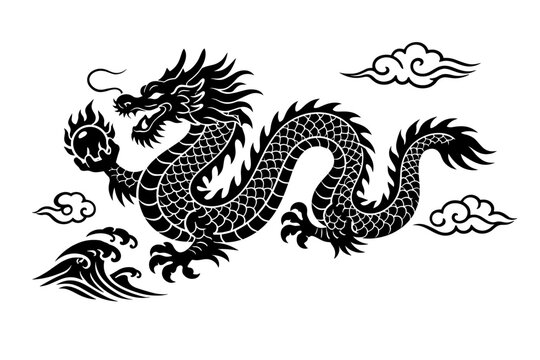 Traditional Chinese Dragon Vector Illustration, Black Silhouette of a Japanese Dragon Holding a Flaming Pearl, Clouds and Waves, Asian Mythological Creature Design Isolated on White Background