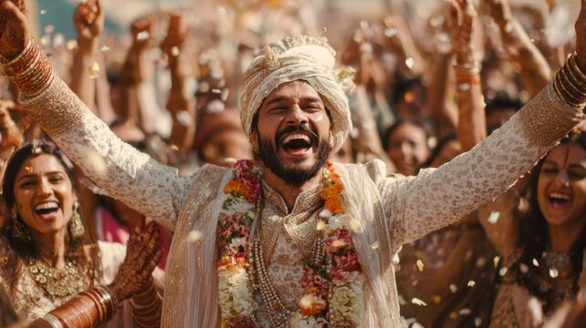 Enthusiastic groom with turban and garlands celebrates