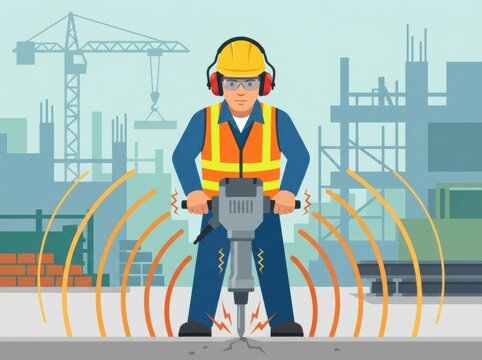 Construction Worker Uses Equipment at a Busy Construction Site With Safety Gear and Machinery in the Background During Daytime