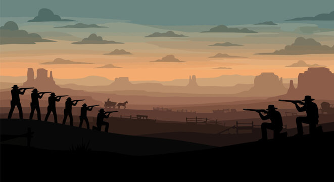 Silhouette of cowboys in a standoff at sunset.