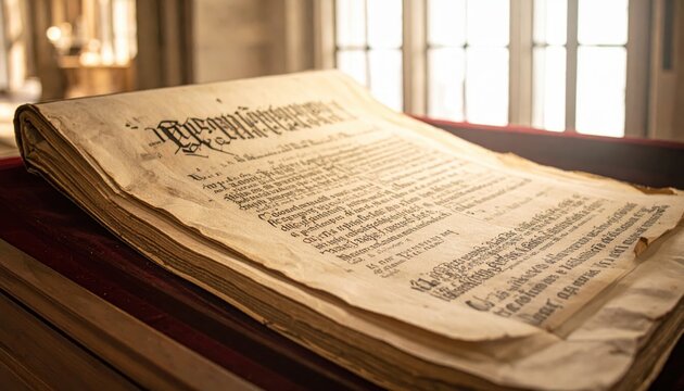Close-up view of an aged, illuminated vellum codex page with intricate script and decorative initial