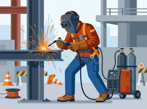 Construction Worker Performs Welding at a Construction Site With Safety Gear and Tools While Sparks Fly Around Him