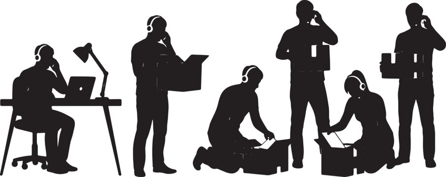 Black Solid Home Worker Opening Delivery Package Call Silhouettes Set of Six on White Background