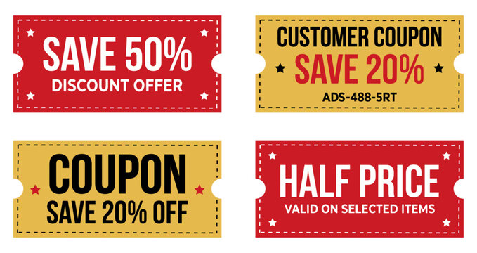 Discount voucher set for retail marketing | stylized graphic tags with percentage offers | flat vector illustration for promotional events