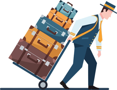 Bellhop carrying stacked luggage isolated on transparent background