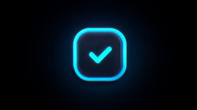 neon blue check mark inside a rounded square on a black background. glowing blue tick or checkmark symbol. approval, success, verification, or a correct choice.