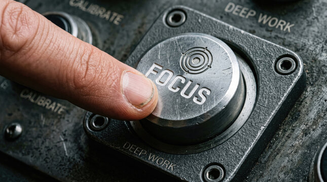 Finger pressing a metallic Focus and Deep Work button on a rugged industrial control panel