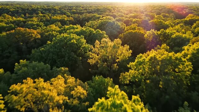 Aerial view of dense forest at sunrise.