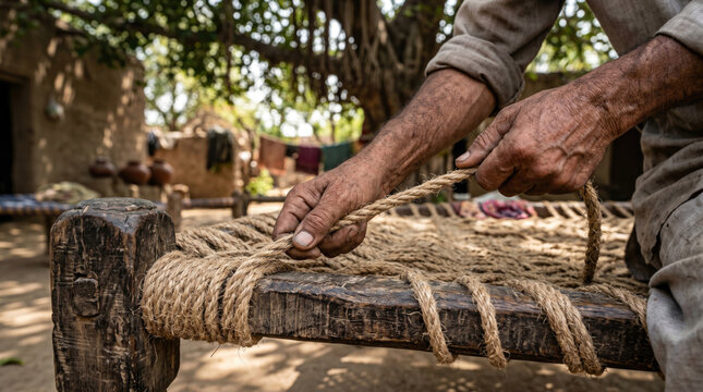Artisan hands weaving traditional rope bed charpai in a rustic outdoor village setting