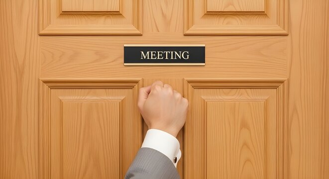 Business Meeting Door Sign, Office Entrance, Knocking Hand, Professional Workspace, Corporate Appointment