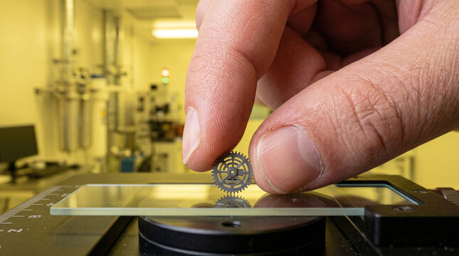 Fingers holding a microscopic precision micro-gear above a glass slide in a cleanroom laboratory