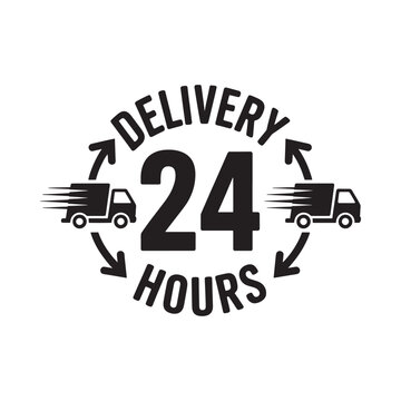 Delivery service emblem featuring trucks and a 24 hour timeframe