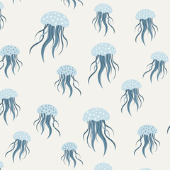 Blue Jellyfish Seamless Ocean Pattern on Soft Cream Coastal Background © Urska