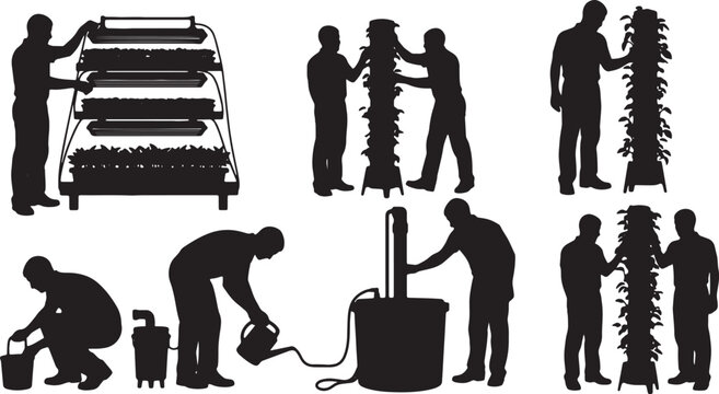 Black Solid Indoor Hydroponic Farmer Silhouettes Set of Six on White Background