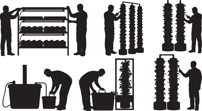 Black Solid Indoor Hydroponic Farmer Silhouettes Set of Six on White Background