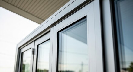 Fototapeta premium Close-up of modern building facade with glass windows and a metal frame