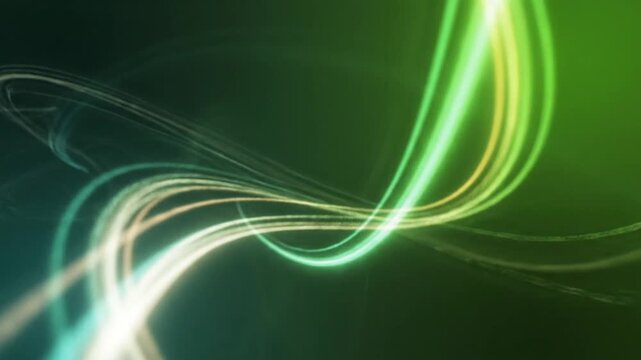 Vibrant green and white light trails on dark background.