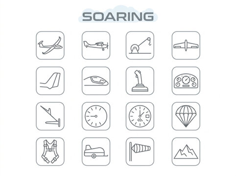 Detailed collection of sixteen grey line icons showcasing essential glider aircraft equipment and flight instruments for unpowered soaring aviation