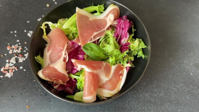 jamon salad mixed green salad leaves meat dish tasty snack fresh, delicious, gourmet food background rustic food on the table, top view, copy space