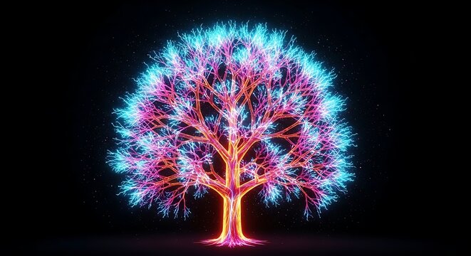 Abstract Digital Tree of Life with Glowing Neon Pink and Cyan Energy Branches on Black Background