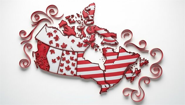 A stylized colorful map of canada featuring maple leaves and red stripes