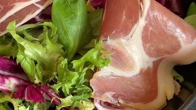 jamon salad mixed green salad leaves meat dish tasty snack fresh, delicious, gourmet food background rustic food on the table, top view, copy space