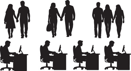Black Solid Ergonomic Desk Chair Sitting Silhouettes Set of Six on White Background © Lubna