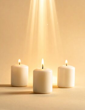 un grupo de tres velas blancas encendidas, en primer plano, destellos de luz aparecen en la parte superior, fondo caf&eacute; claro